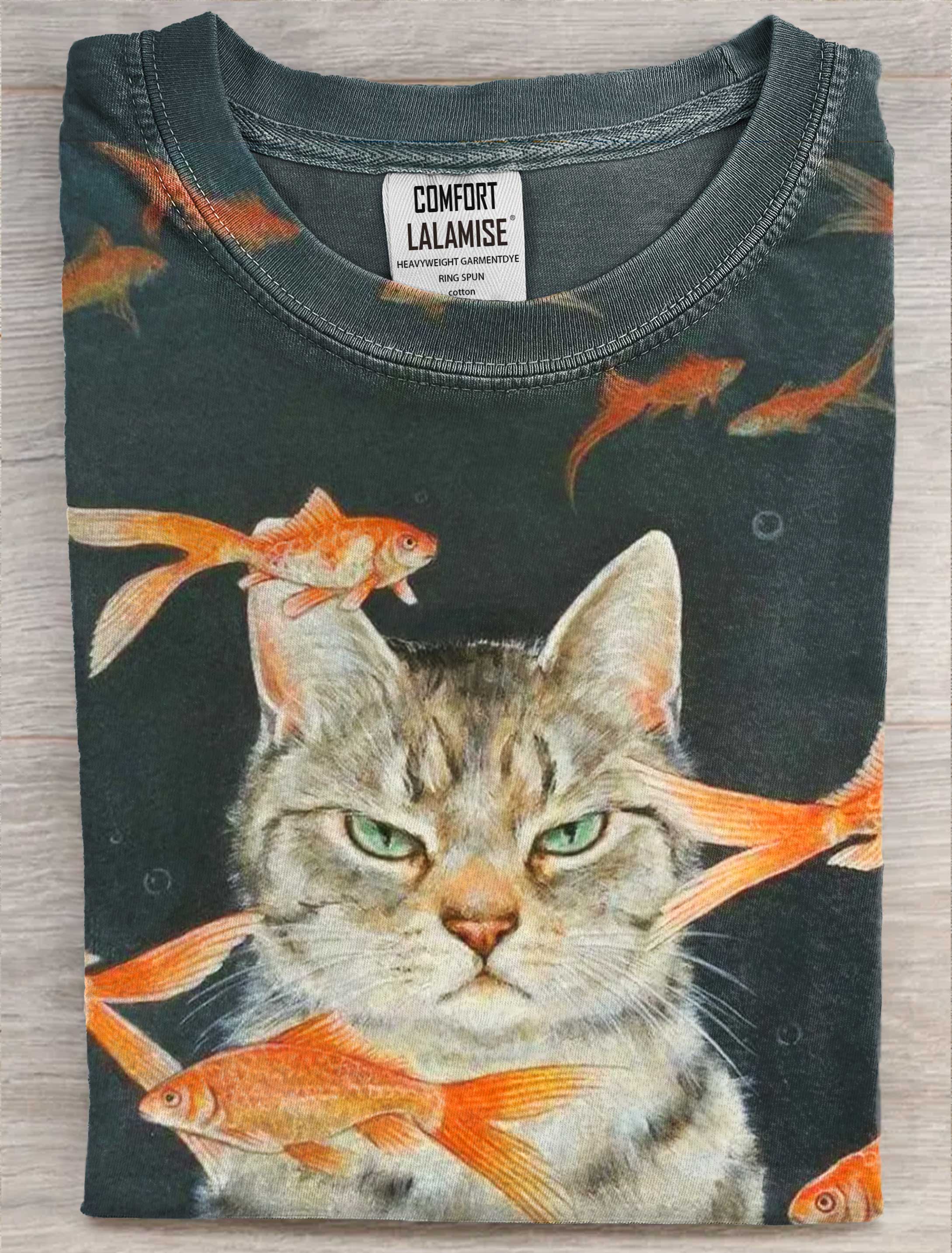 Cat With Golden Fish Art Print Casaul Short Sleeve T-shirt