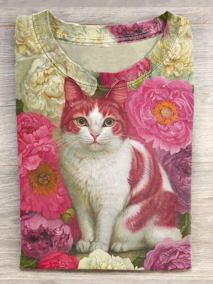 Floral Cat Art Illustration Print Casual Short Sleeve T-Shirt