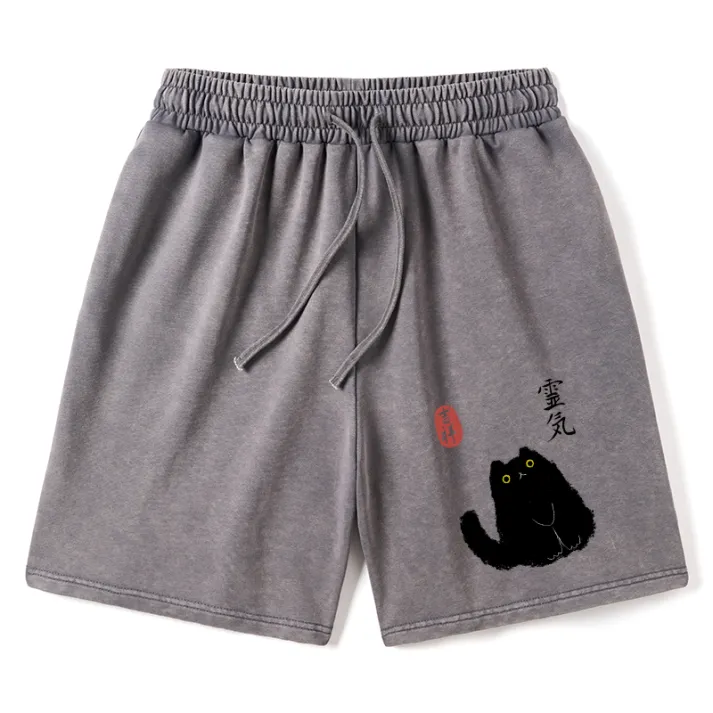 Chillteelab Black Civet Cat Vintage Washed Shorts