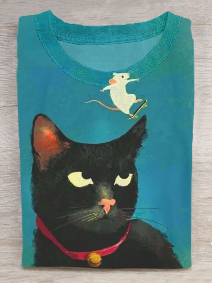 Funny Cat And Mouse Art Print Casual Short Sleeve T-shirt