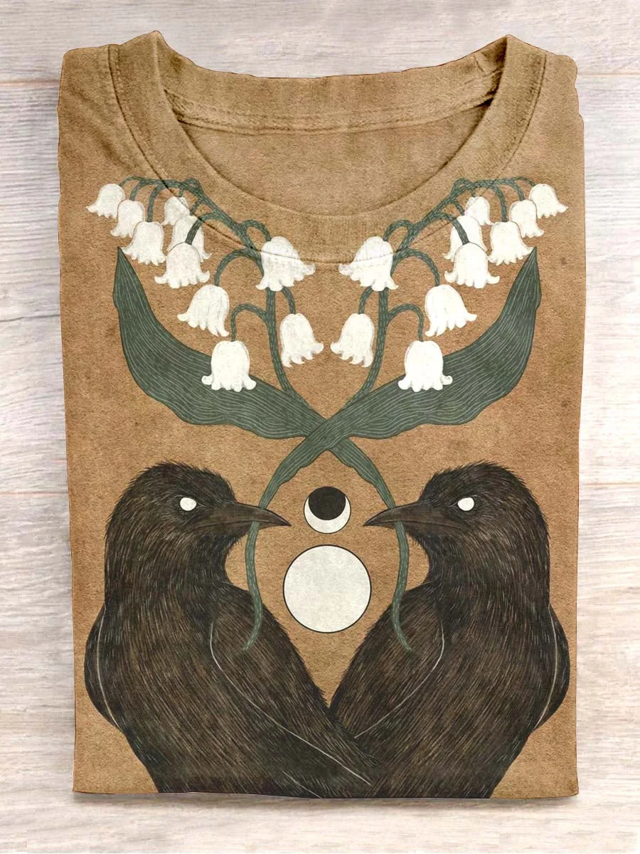 Vintage Floral Bird Art Print Casual Short Sleeve T-shirt
