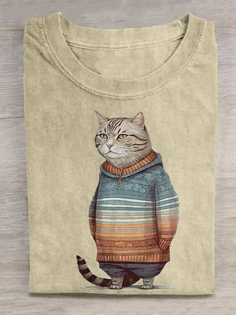 Unisex Cute Winter Cat Art Pattern Print Casual T-shirt