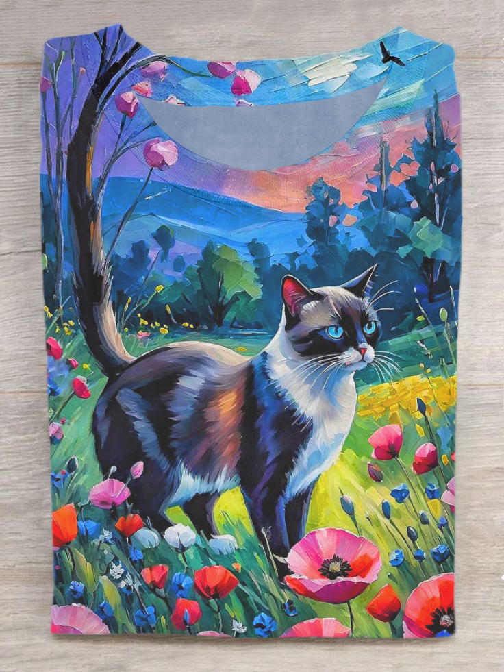 Garden Cat Art Print Casual Short Sleeve T-Shirt