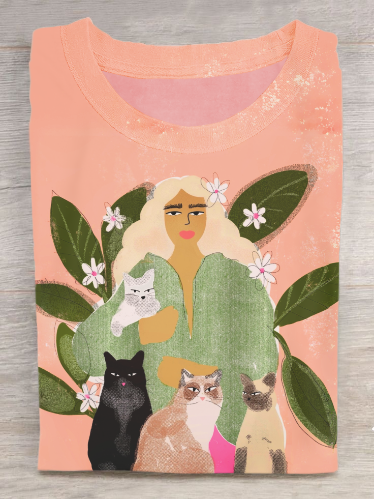Girl And Her Cat Art Print Casual Short Sleeve T-Shirt