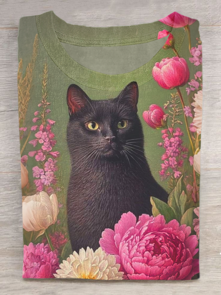 Vintage Floral Cat Print Casual Crew Neck Short Sleeve T-Shirt