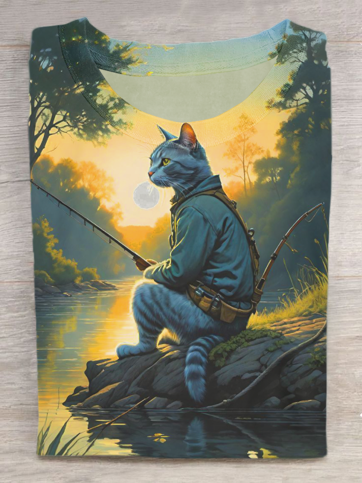 Fishing Cat Art Print Casual Short Sleeve T-shirt