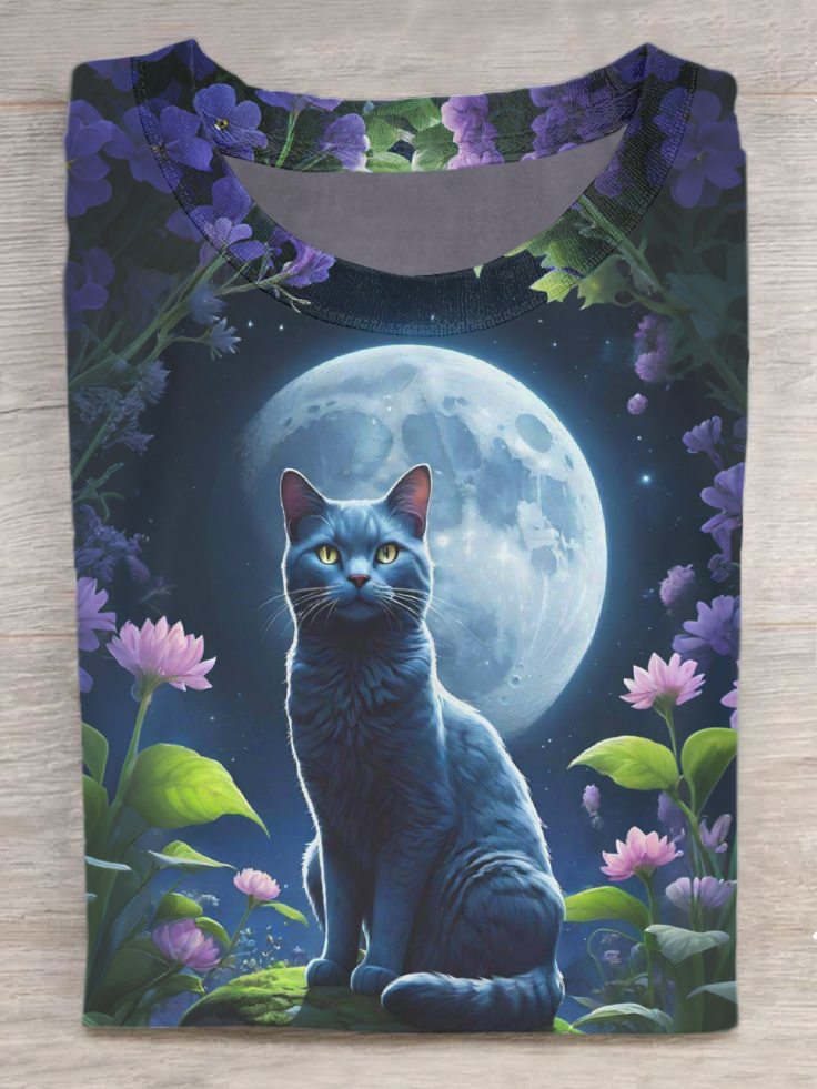 Cat In The Moonlight Art Print Casual Short Sleeve T-shirt