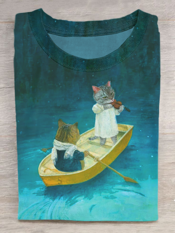 Boating Cat Art Print Casual Short Sleeve T-Shirt