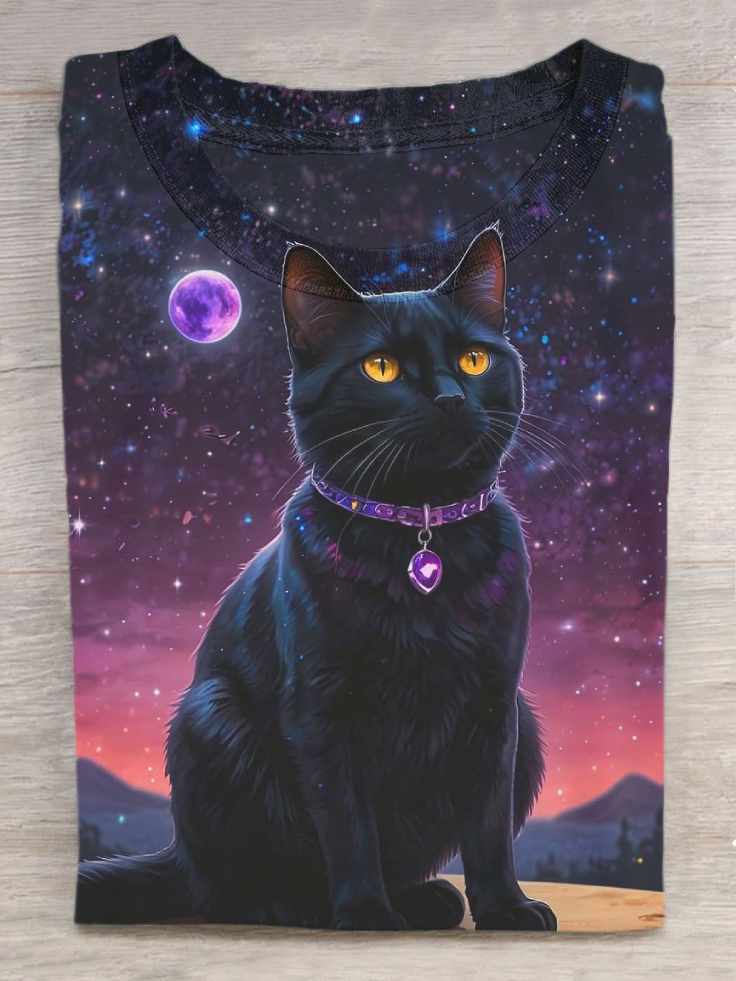 Black Cat Art Print Casual Short Sleeve T-shirt