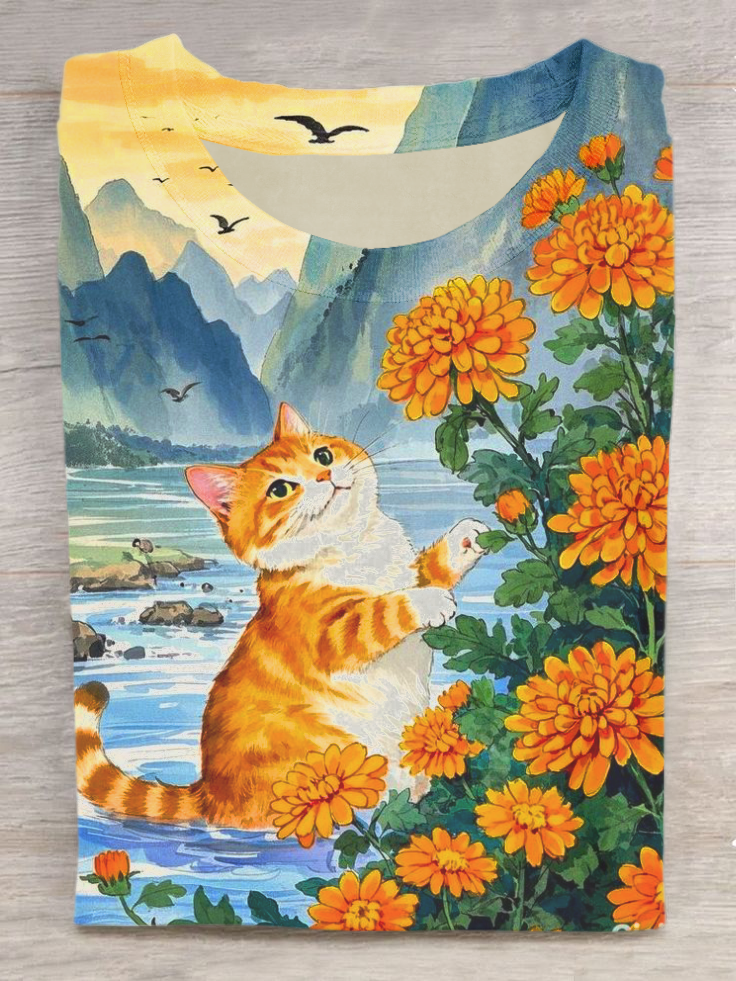 Vintage Floral Cat Print Casual Crew Neck Short Sleeve T-Shirt