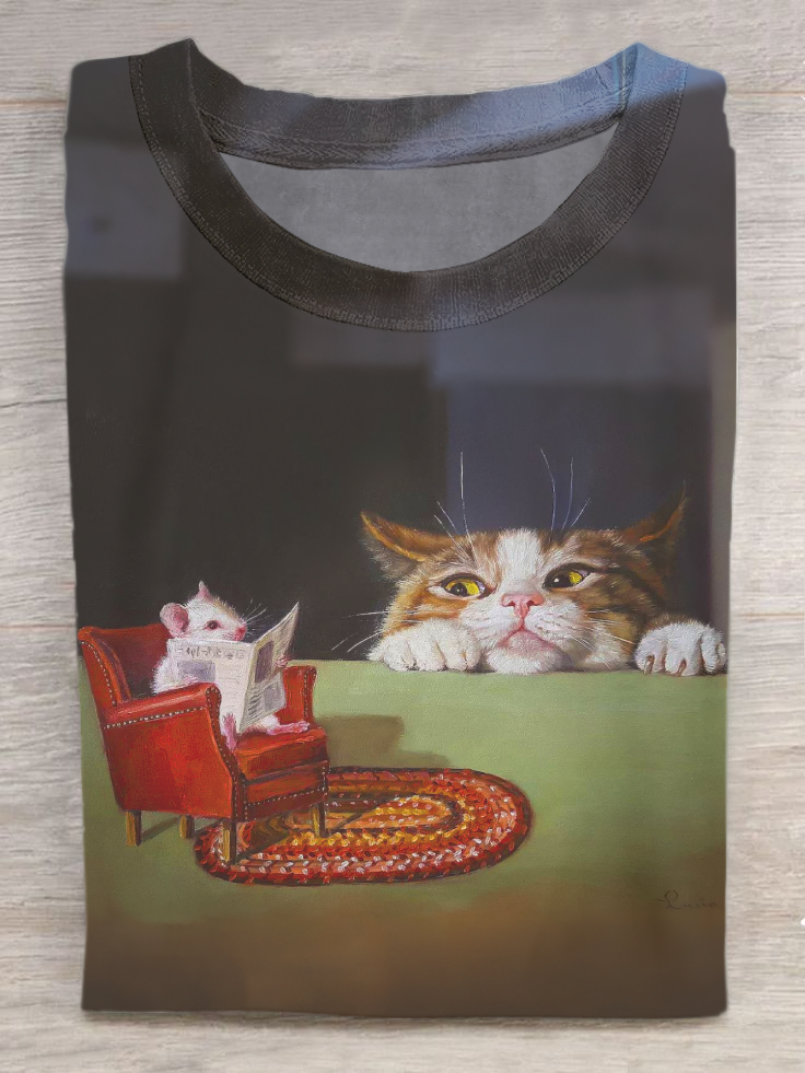 Cat Peeks At Mouse Reading Newspaper Funny Cat Print Crew Neck T-shirt