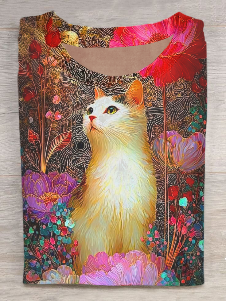 Vintage Floral Cat Print Casual Crew Neck Short Sleeve T-Shirt