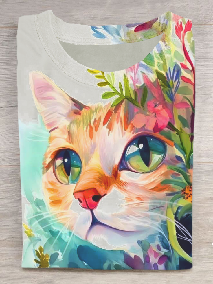 Clear Eyes Cute Cat Art Print Casual Short Sleeve T-Shirt
