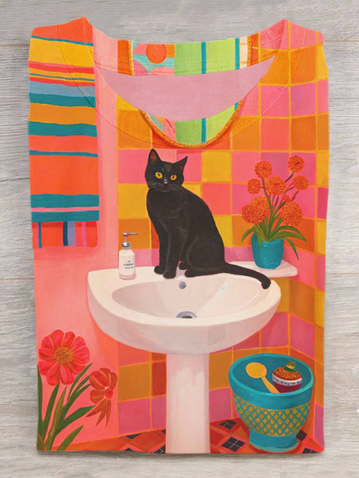 Bathroom Cat Art Print Casual Short Sleeve T-Shirt