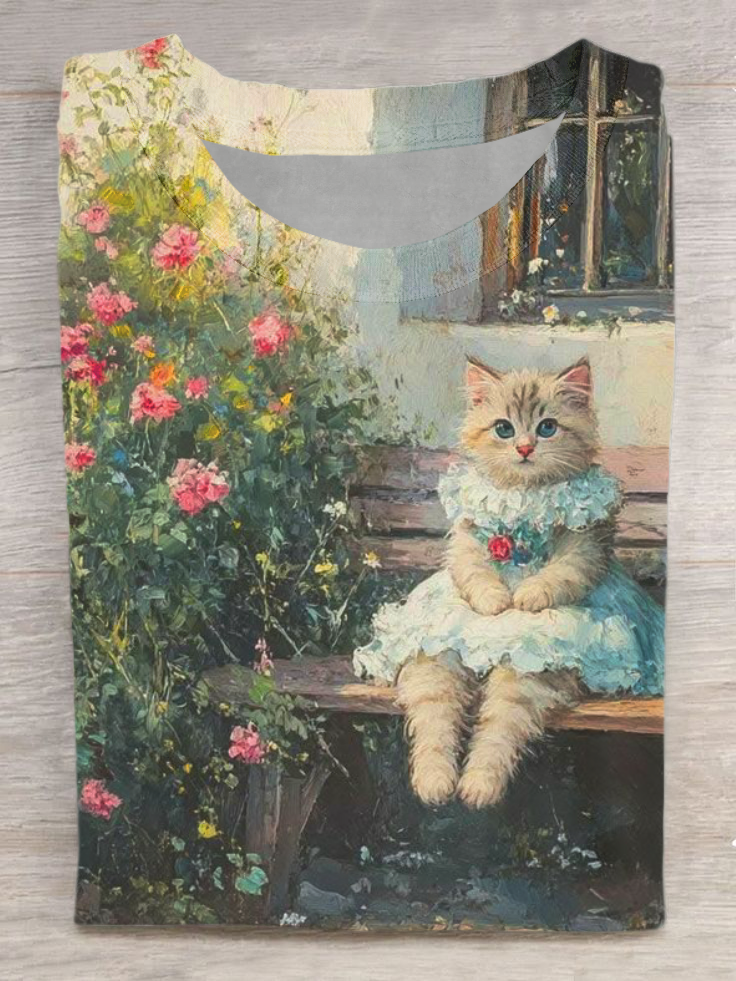 Cute Cat Art Print Casual Short Sleeve T-Shirt