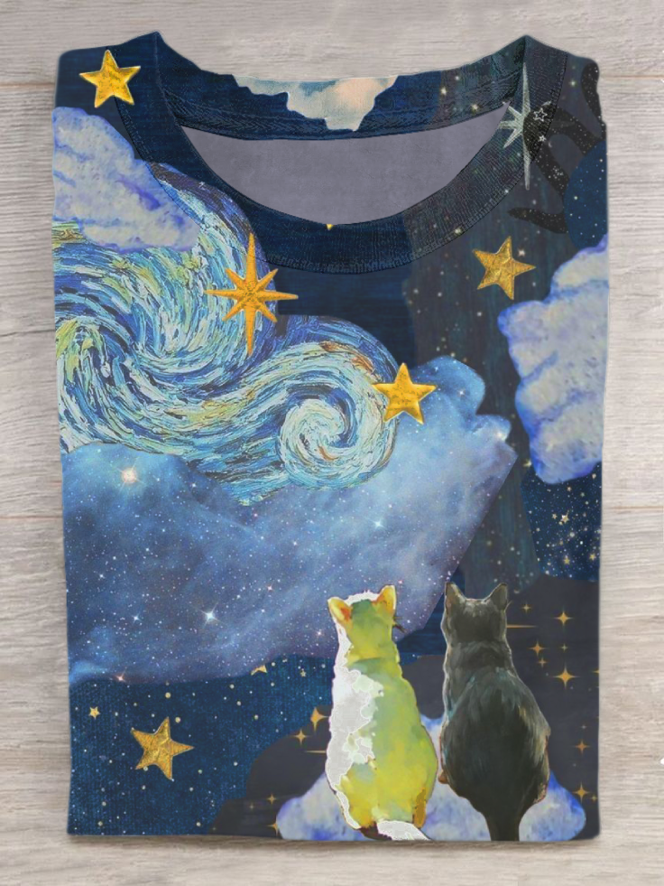 Cat Starry Sky Art Print Casual Short Sleeve T-Shirt