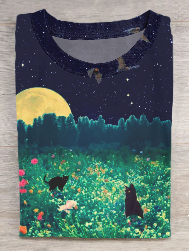 Night Garden Cat Art Print Casual Short Sleeve T-Shirt