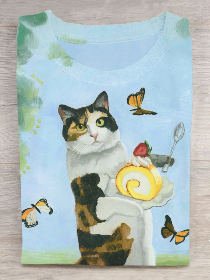 Cat Eating Swiss Roll Art Print Casual Short Sleeve T-Shirt