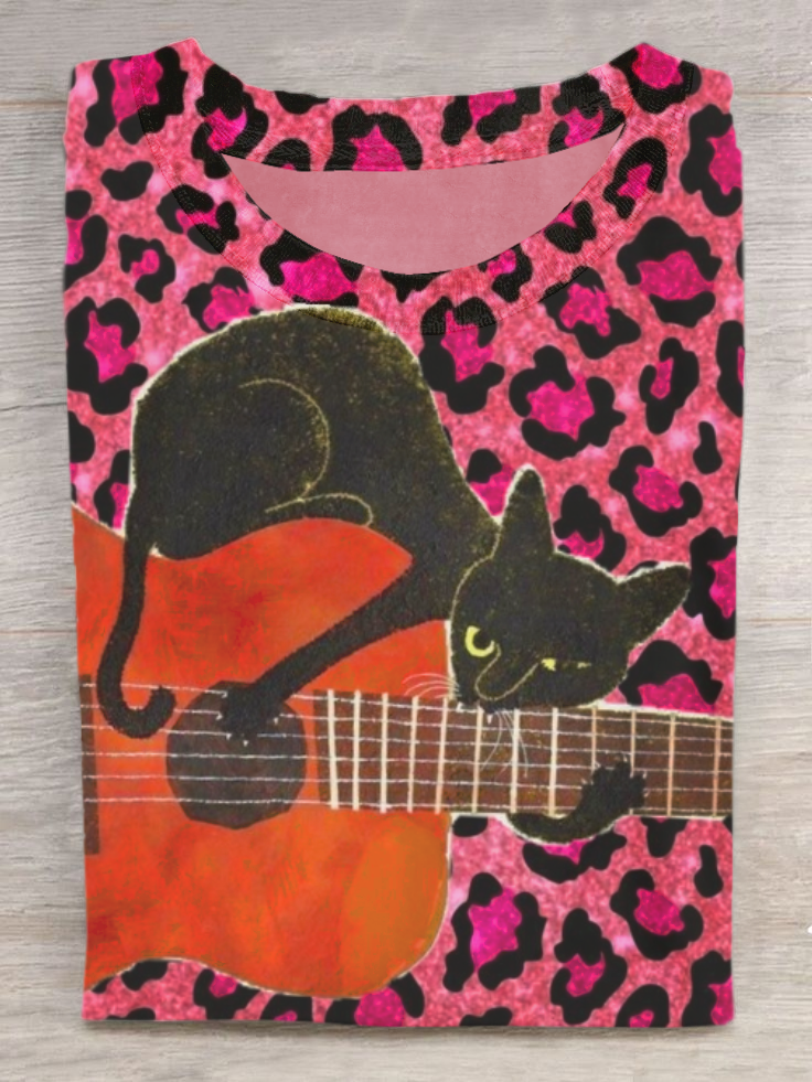 Pink Leopard Print Guitar Cat Art Print Casual Short Sleeve T-Shirt
