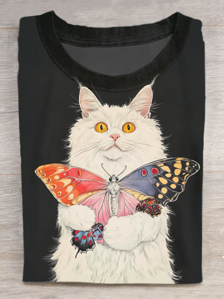 Cat And Butterfly Art Print Casual Short Sleeve T-Shirt