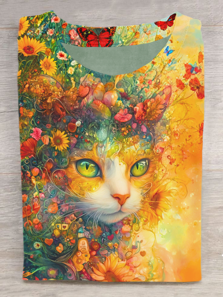 Floral Cat Art Print Casual Short Sleeve T-Shirt