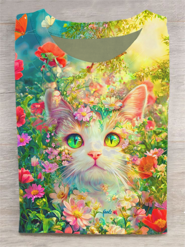Floral Cat Art Print Casual Short Sleeve T-Shirt