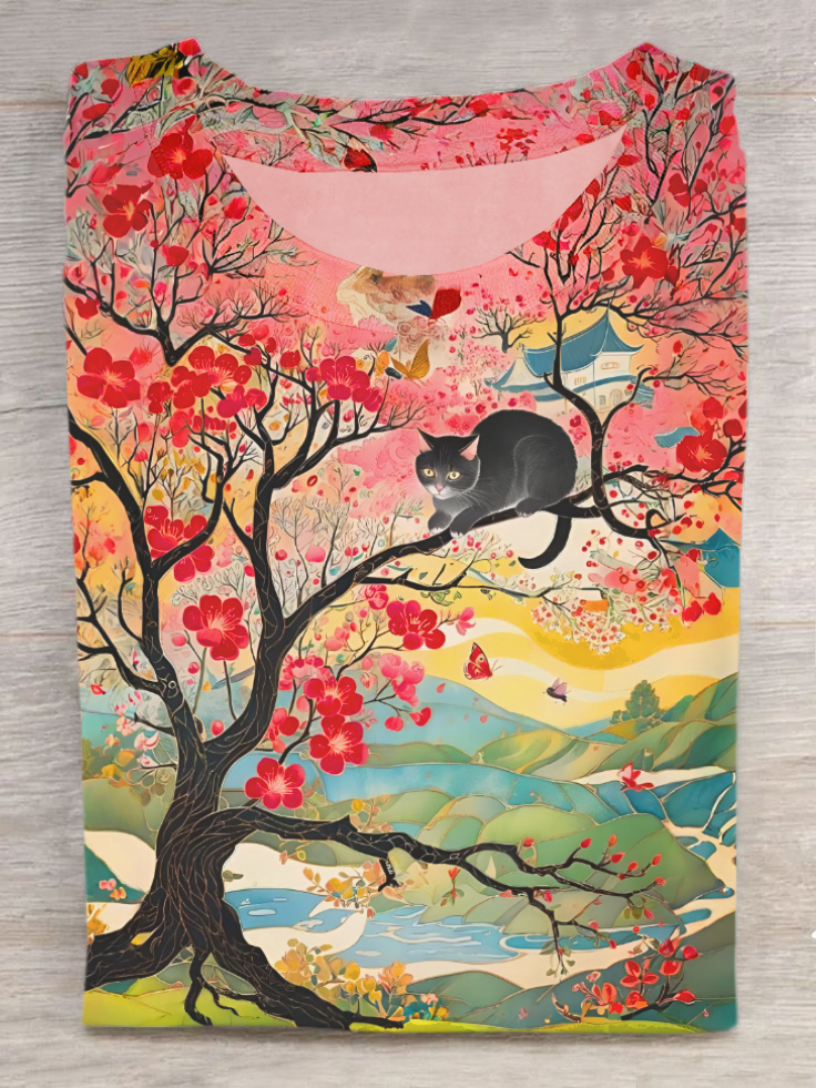 Cat In The Tree Art Print Casual Short Sleeve T-Shirt