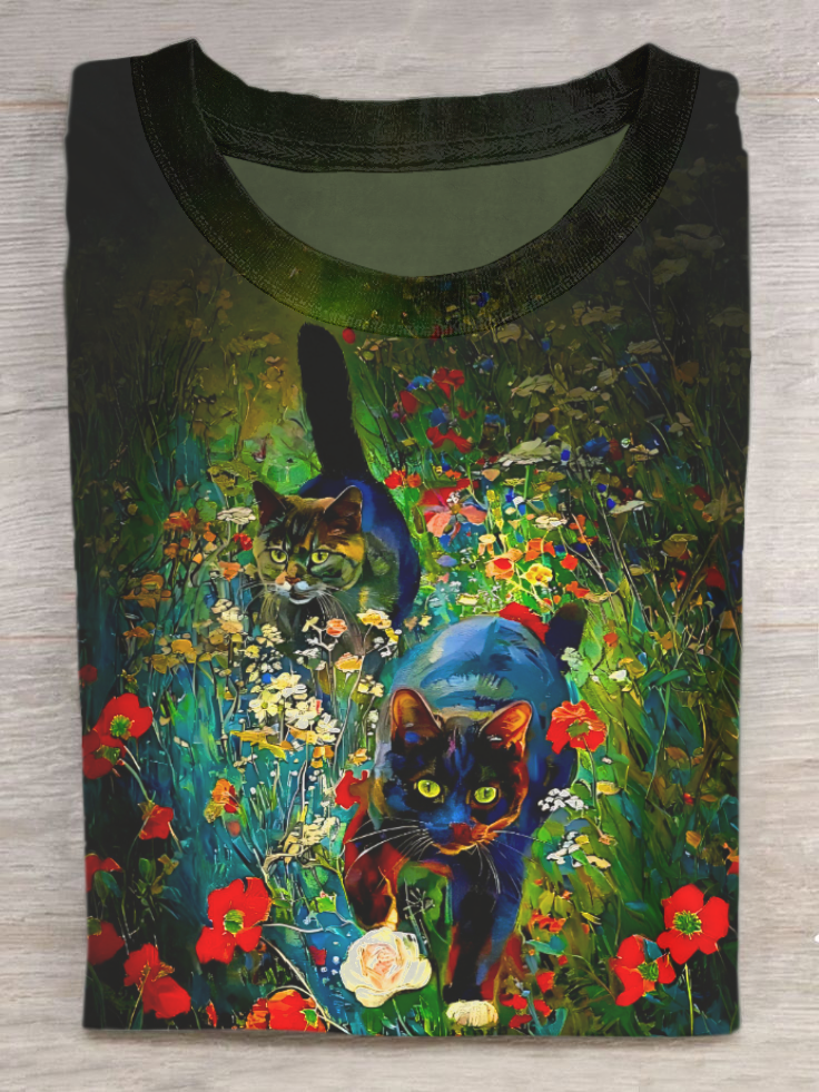 Garden Cat Art Print Casual Short Sleeve T-Shirt