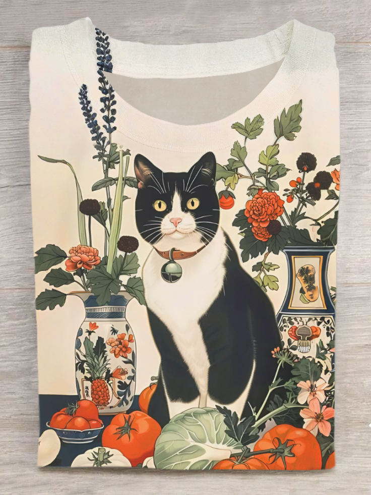 Cute Cat Art Print Casual Short Sleeve T-Shirt