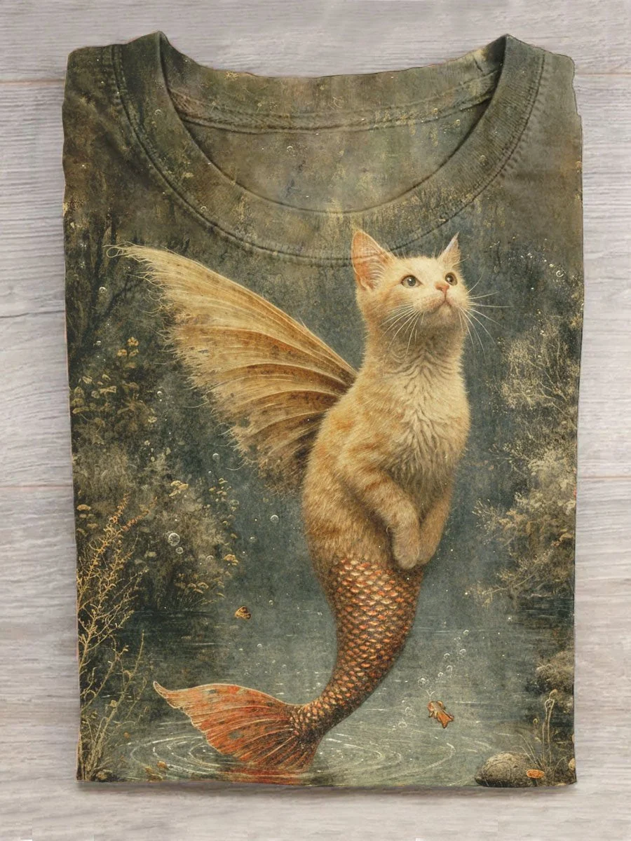 Retro Winged Mermaid Cat Art Print Casual Short Sleeve T-Shirt