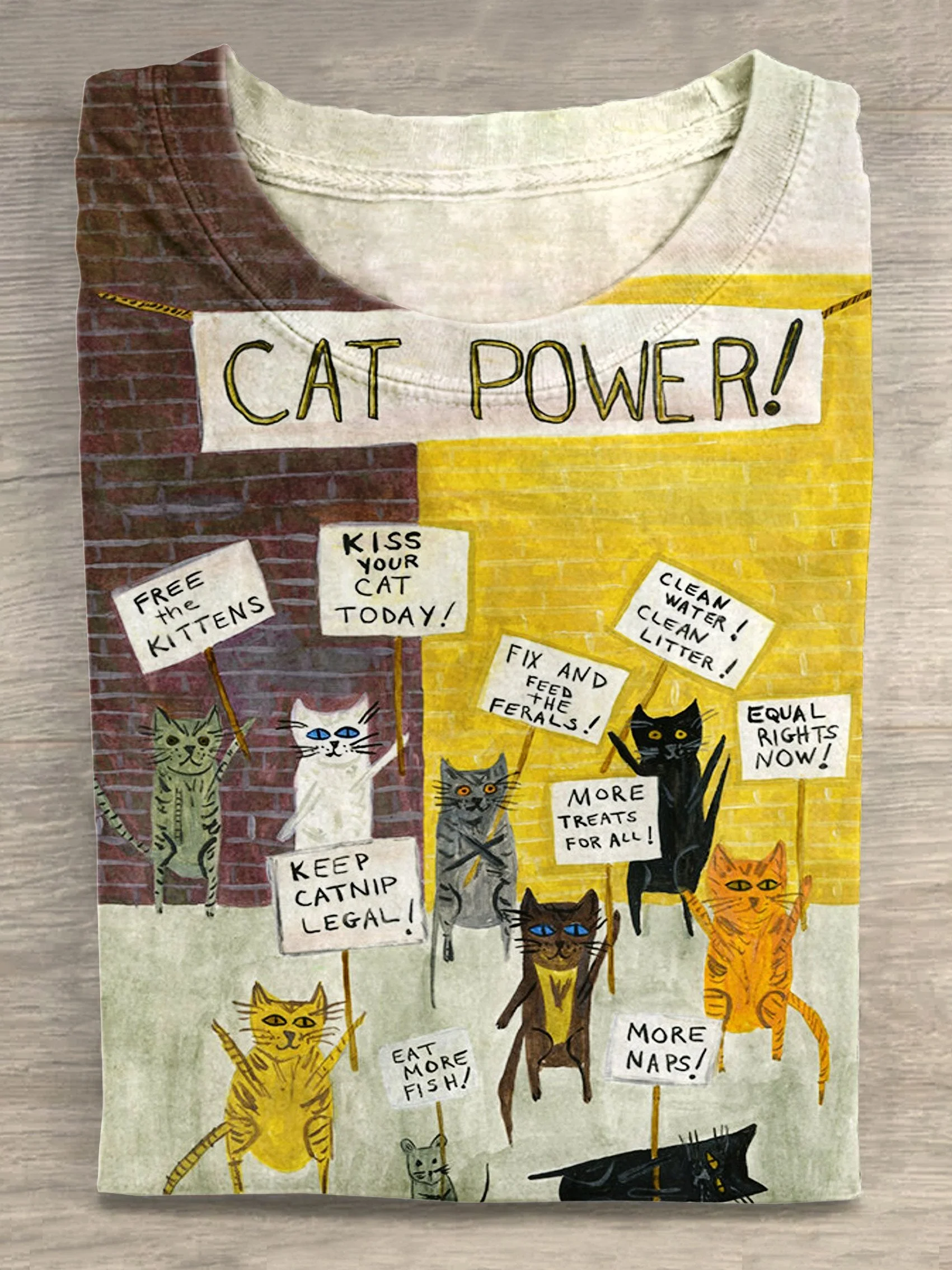 Vintage Funny Cute Cat Art Print Casual Short Sleeve T-Shirt