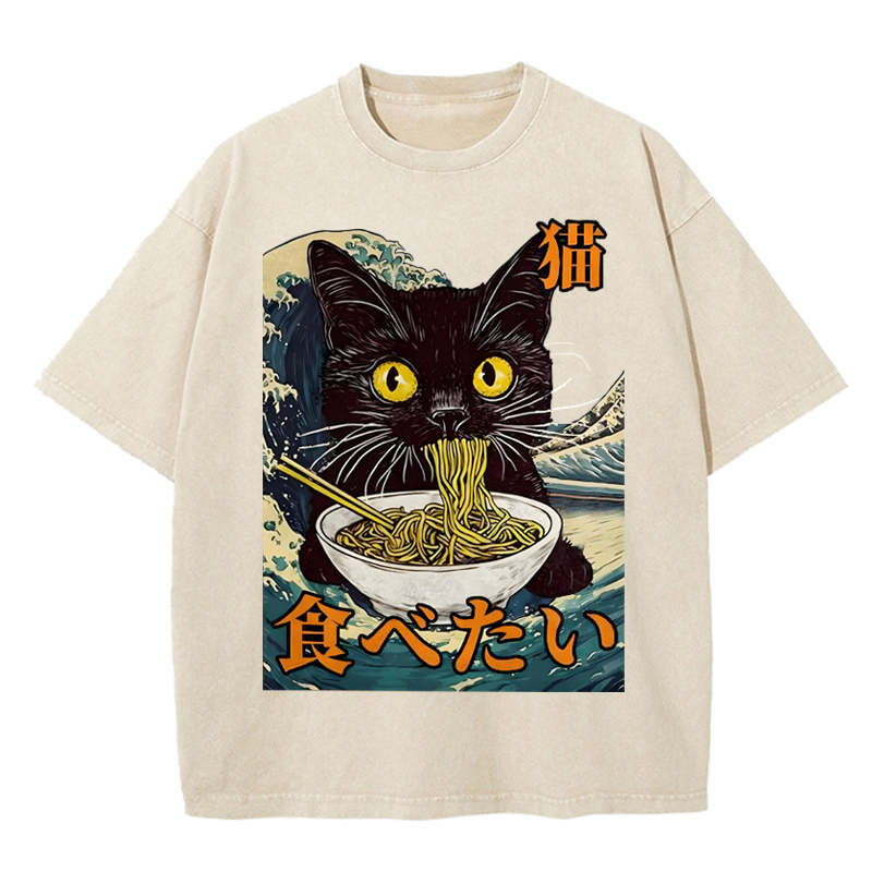Cuddlefurry™ | Cat Ramen Japanese Graphic Art Print Washed T-Shirt