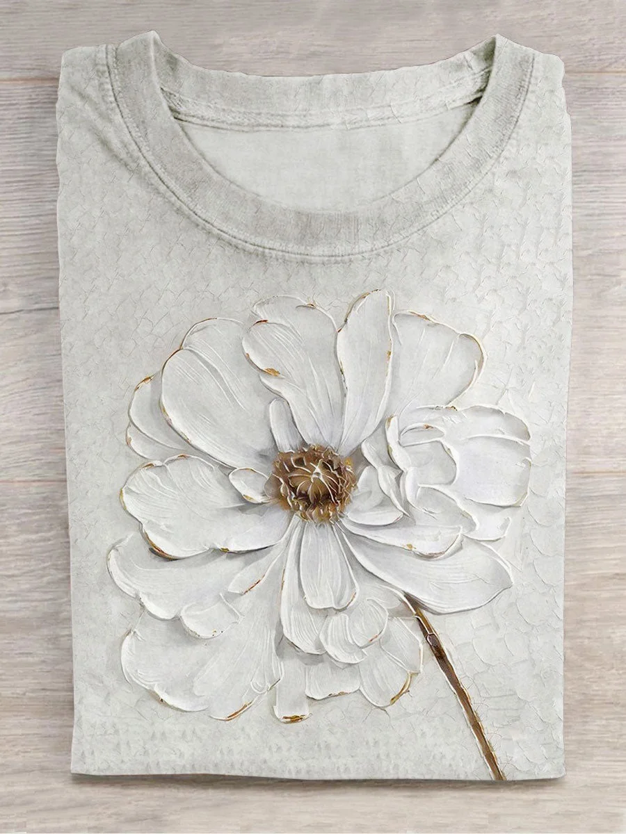Floral Art Print Crew Neck Short Sleeve T-Shirt