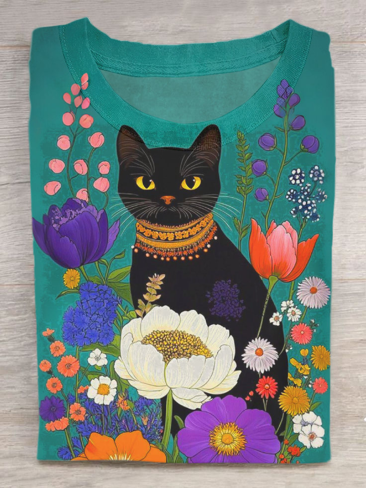Vintage Floral Cat Art Print Casual Short Sleeve T-shirt