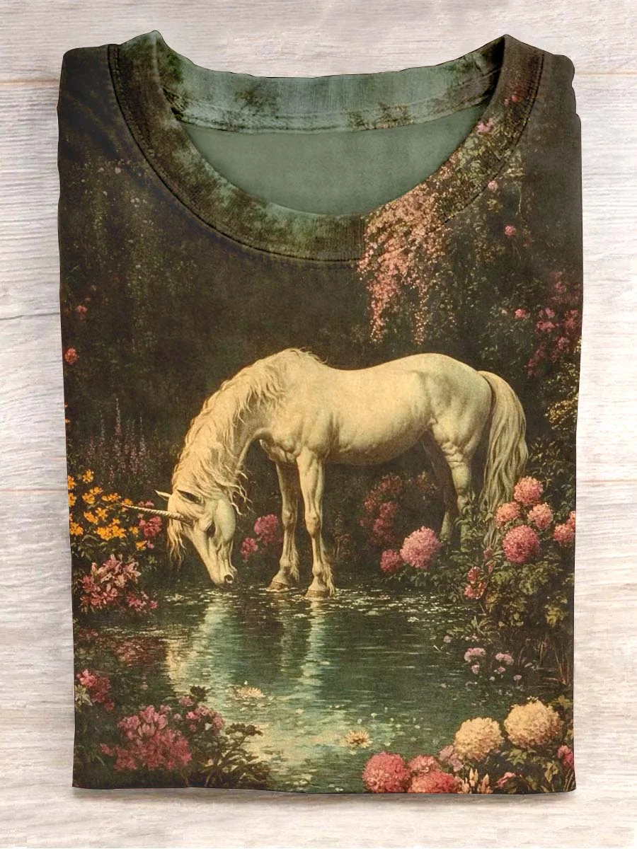Unicorn in the Forest Print Casual Short Sleeve T-Shirt