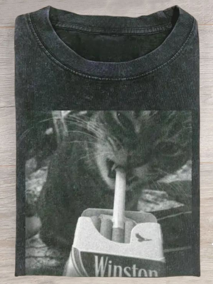 Smoking Cat Painting Casual Short Sleeve T-shirt