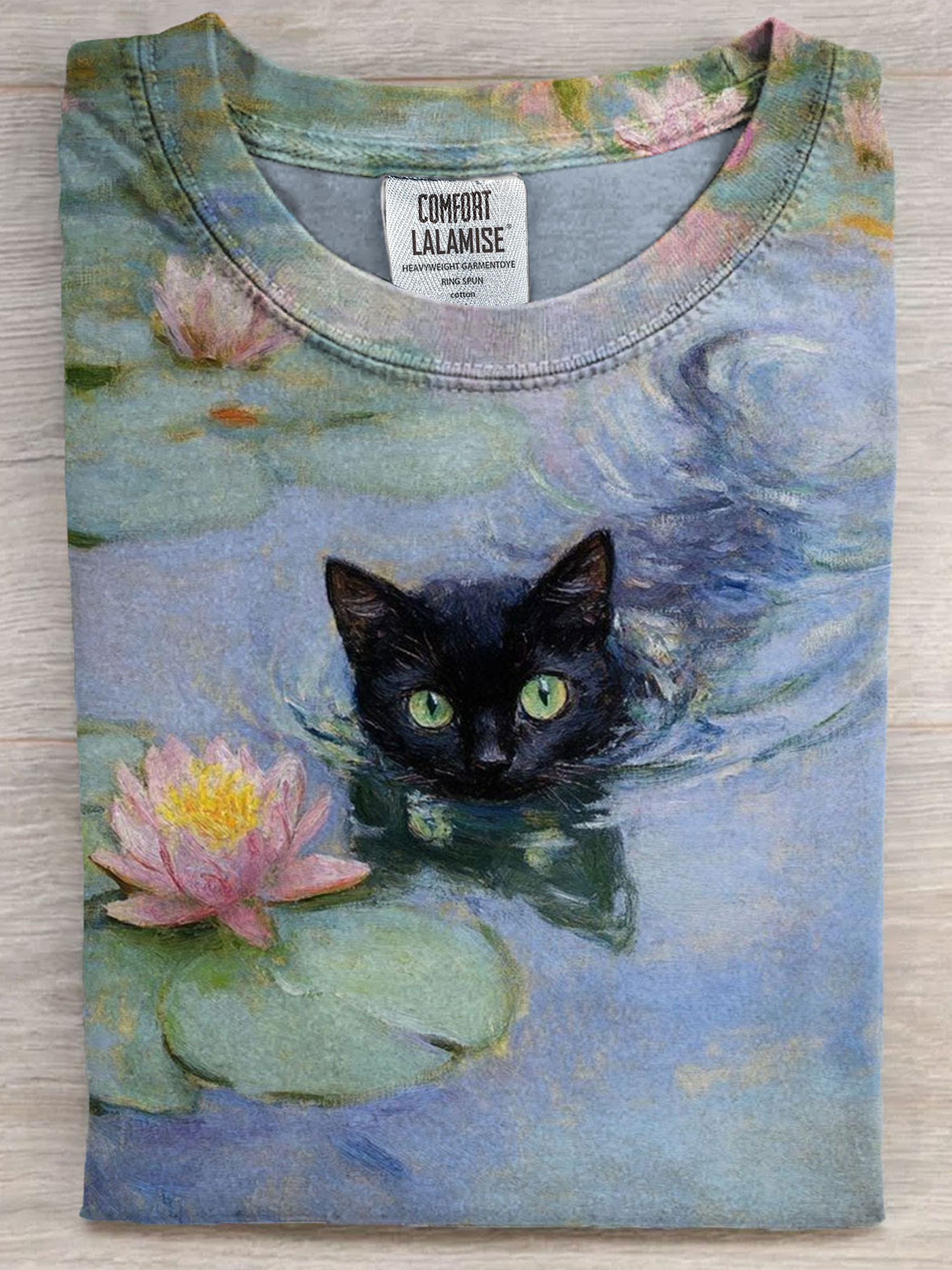 Cute Black Cat Swimming Art Print Casual Short Sleeve T-shirt