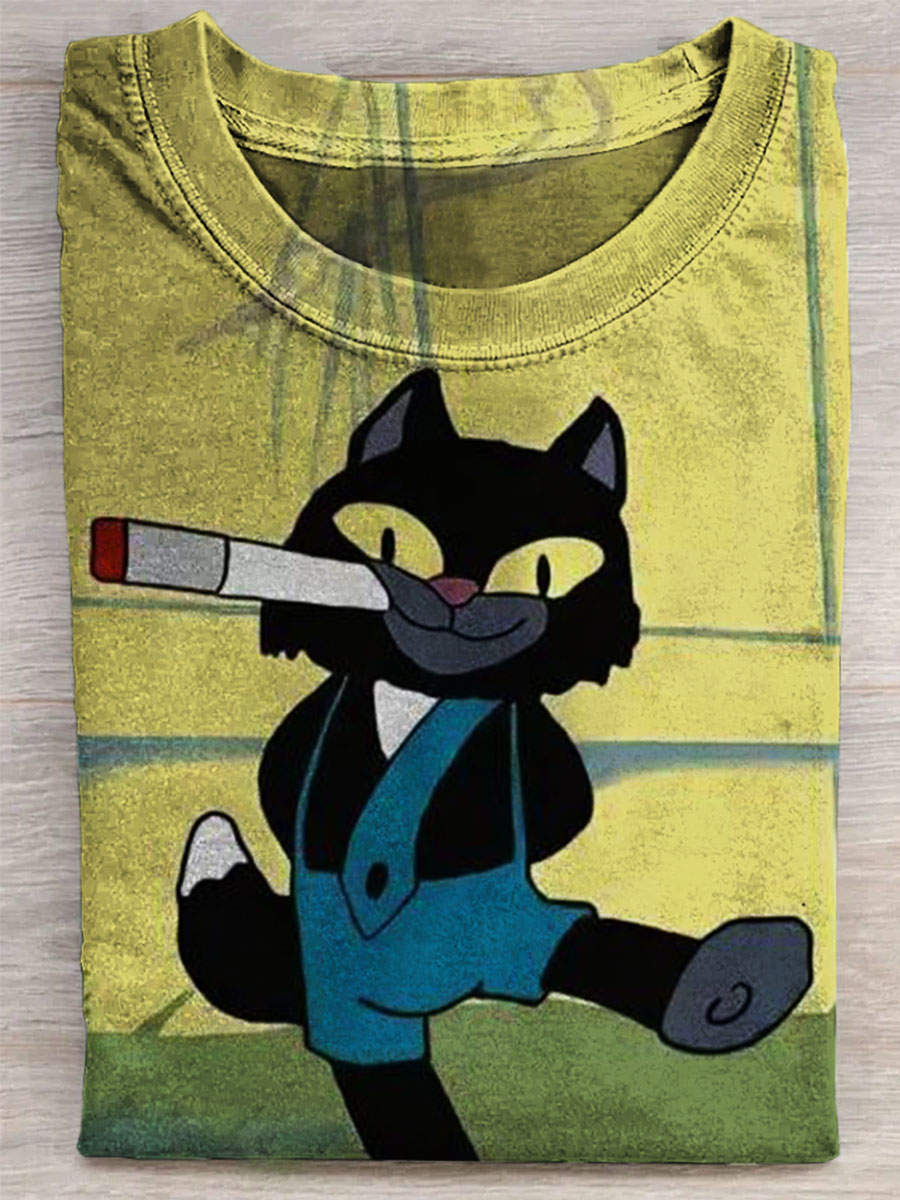 Cat Smoking Printed Casual T-shirt