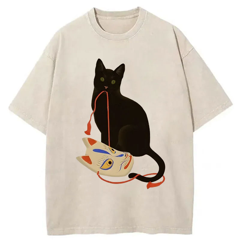 Cuddlefurry™ | Cat Holding A Fox Mask Washed T-Shirt