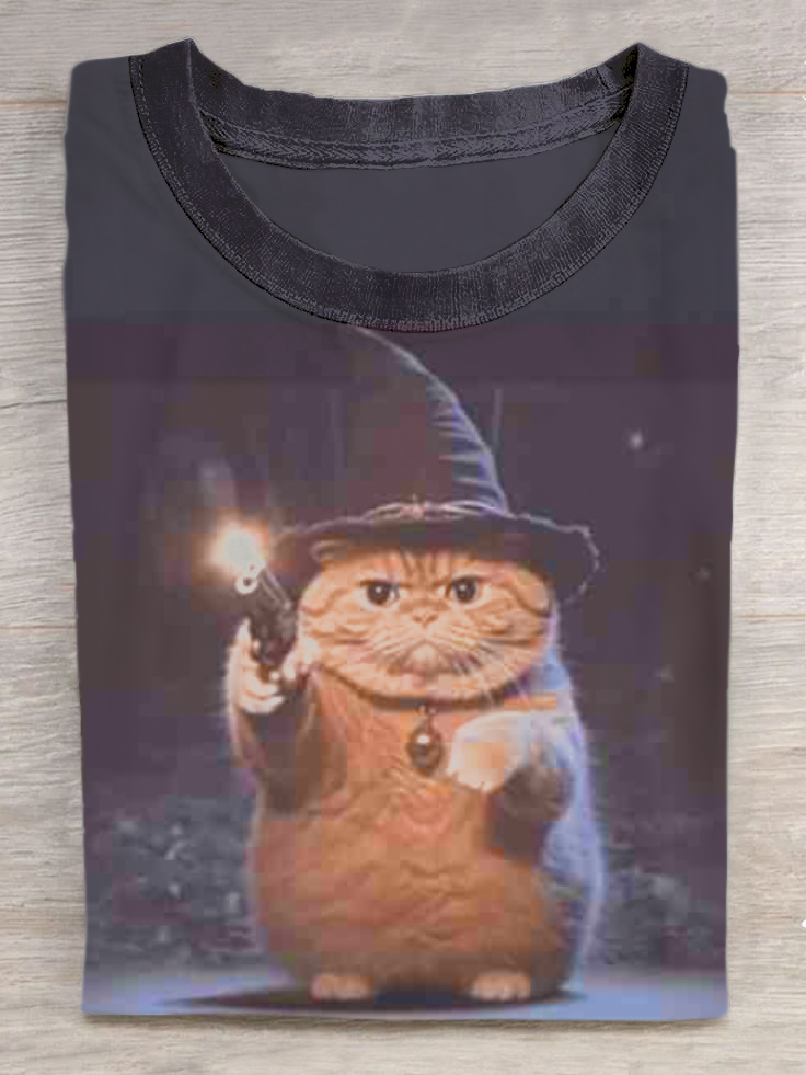 Angry Magic Cat Art Print Casual Short Sleeve T-Shirt