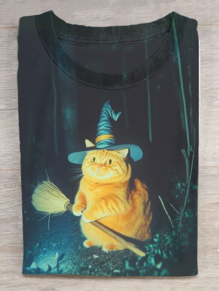 Cute Magic Cat Art Print Casual Short Sleeve T-Shirt