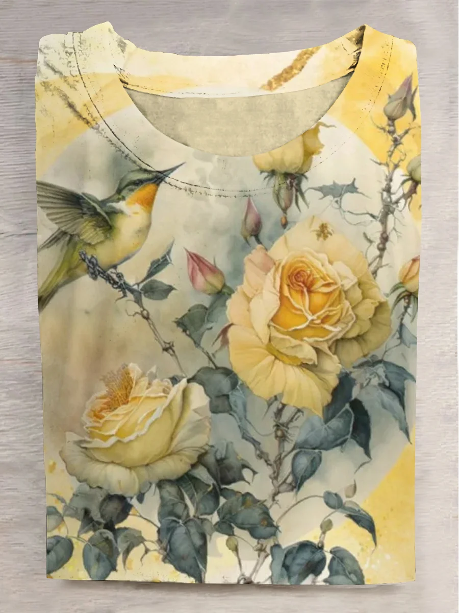 Flower And Bird Painting Abstract Print Design T-Shirt
