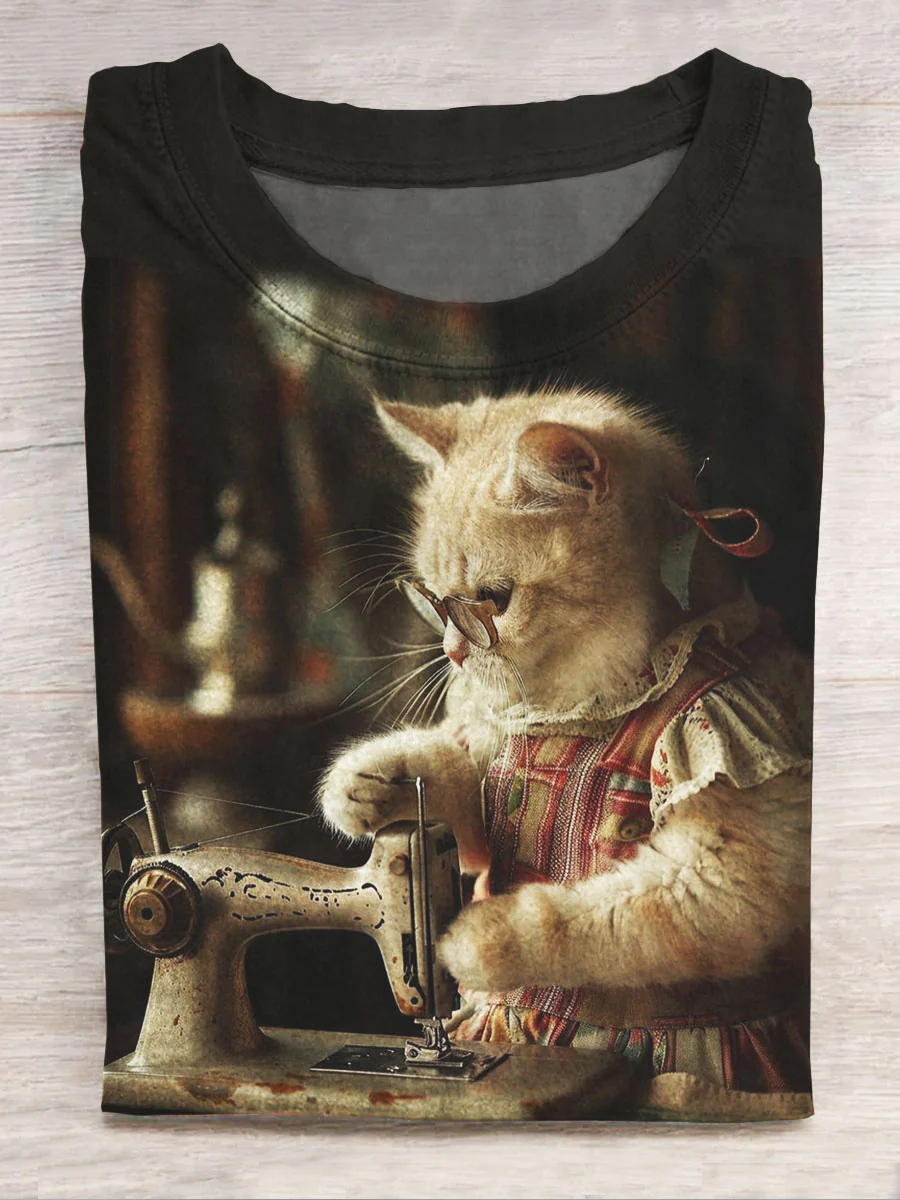 Funny Cat Printed Vintage Fashion Loose Short Sleeve T-Shirt