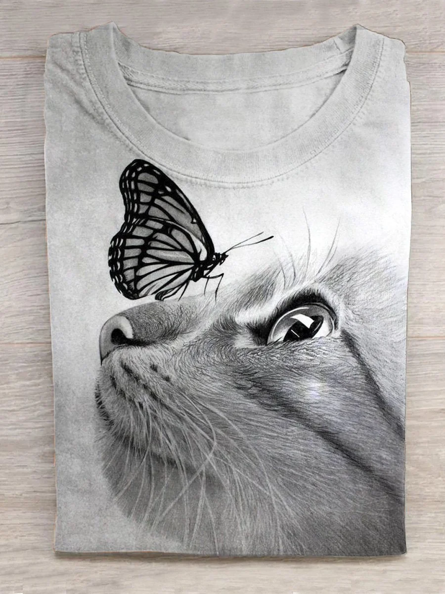 Cat And Butterfly Art Print Casaul Short Sleeve T-shirt