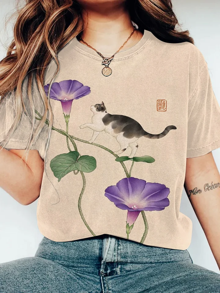 Japanese Art Cat Walking On Flowers Painting Print Crew Neck T-Shirt
