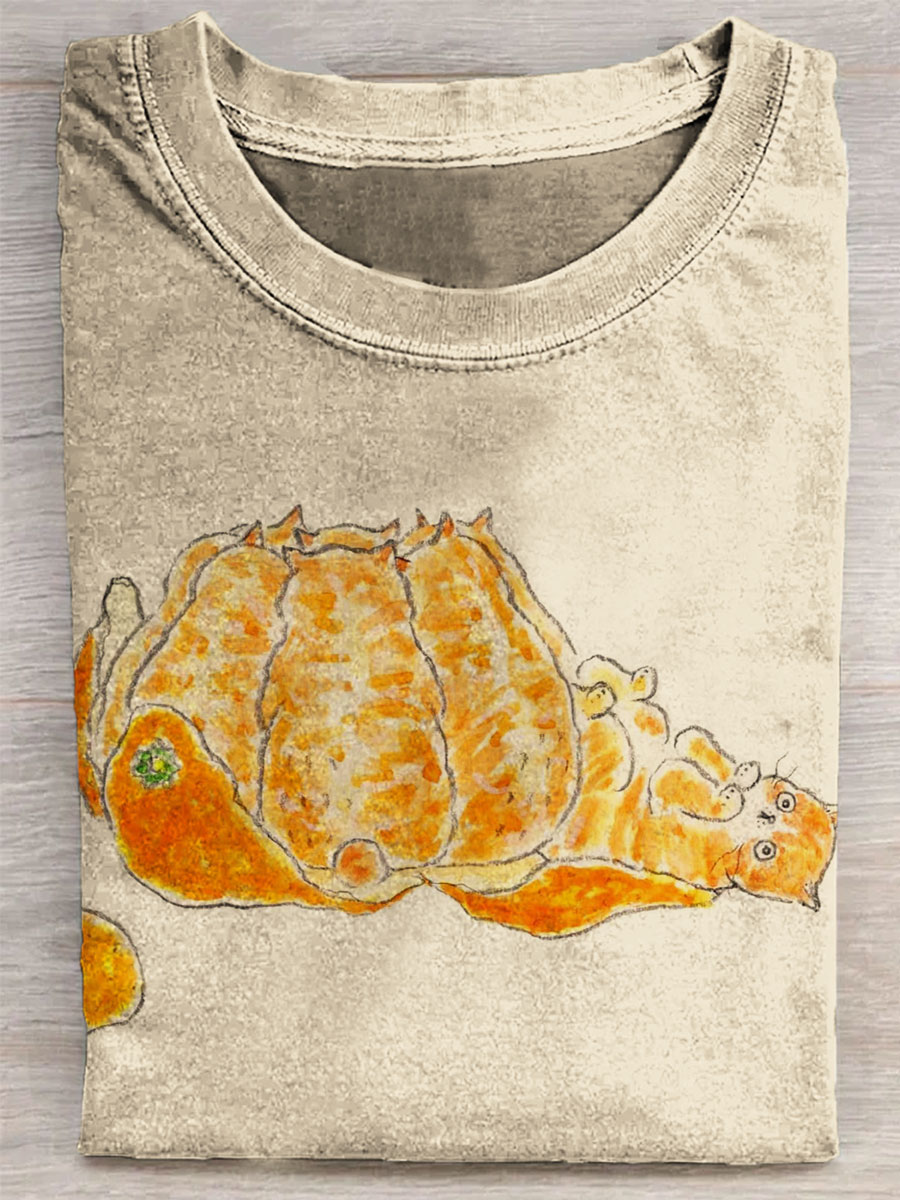 Orange Cat Print Casual T-shirt