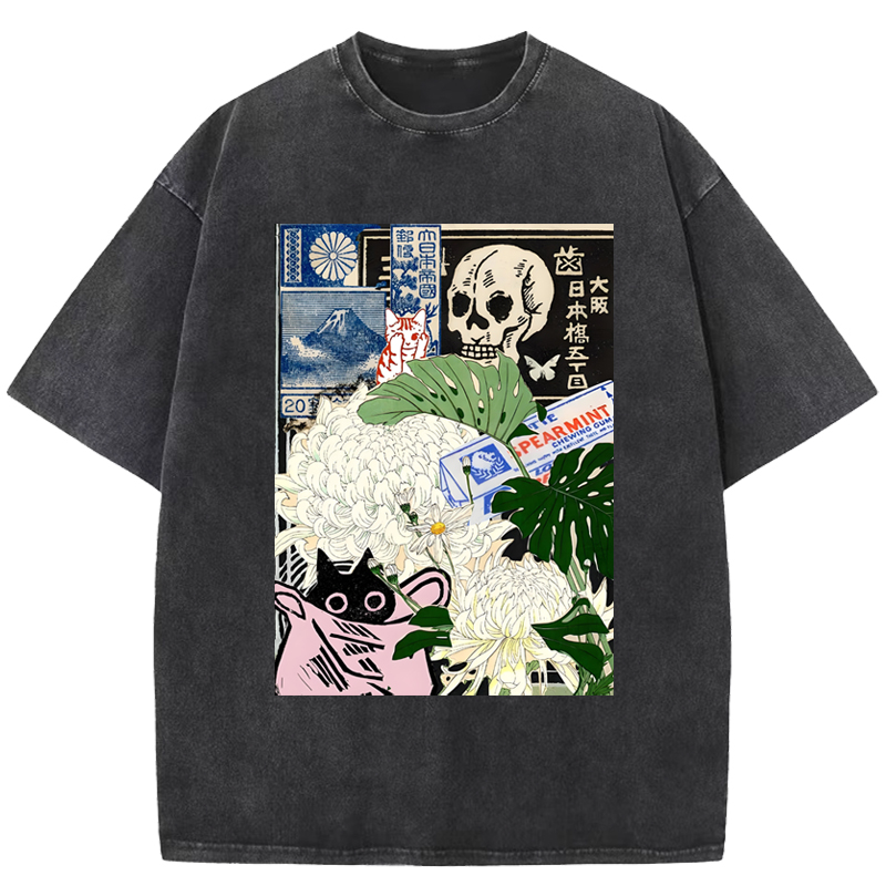 Cuddlefurry™ | Chrysanthemum Japanese cat Washed T-Shirt