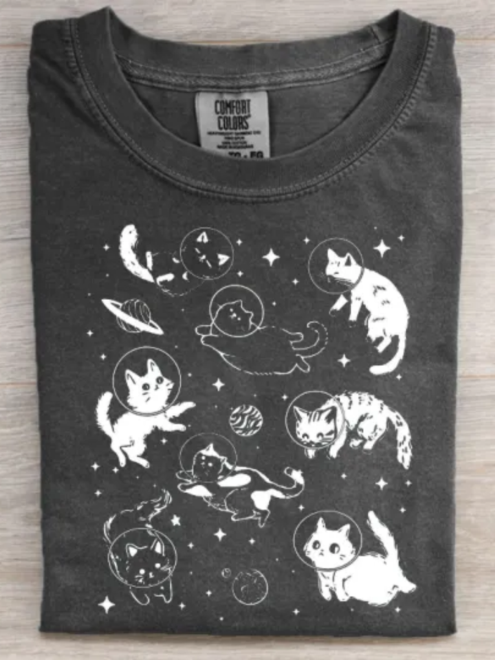 Cats In Space Art Print Casual Short Sleeve T-shirt