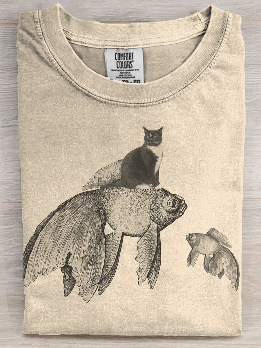 Cat With Fish Fancy Art Casaul Short Sleeve T-shirt