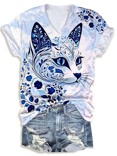 Floral Kitten Art Print Casual V-neck T-Shirt
